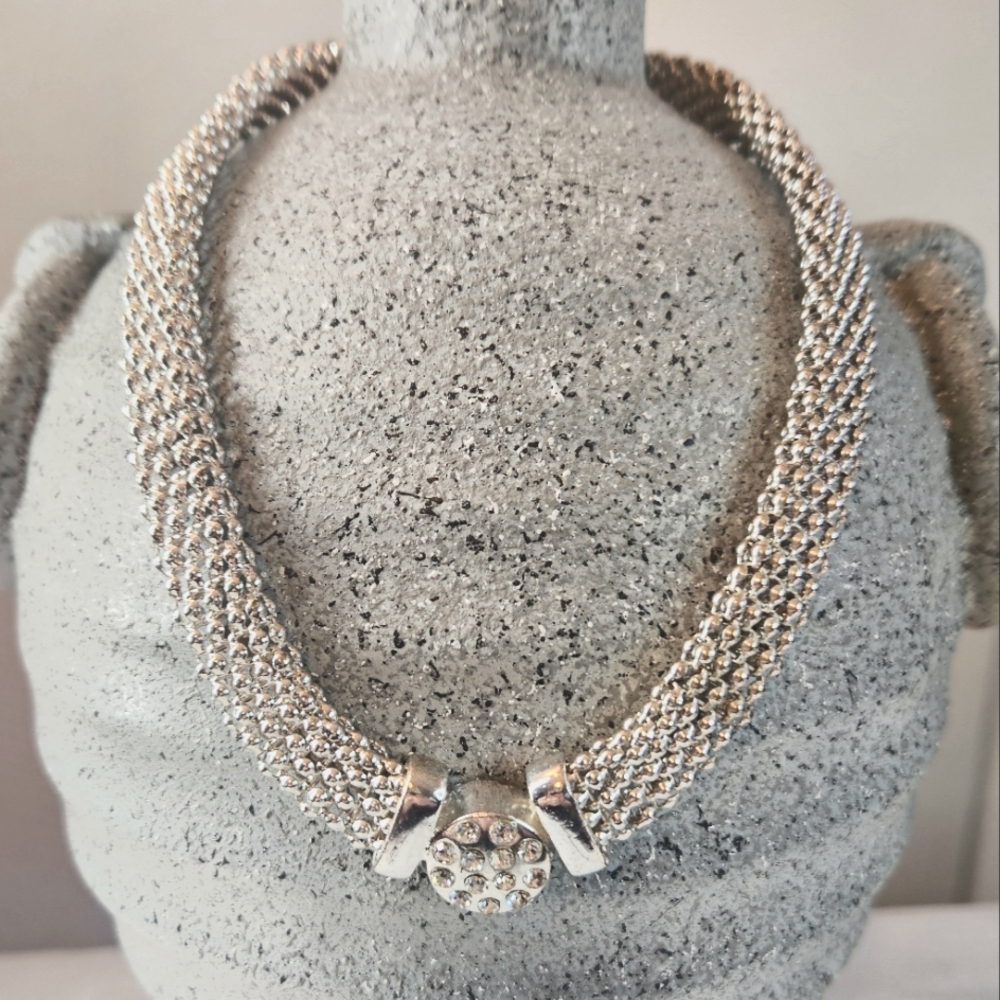 Vintage Silver Tone Mesh Woven Metal Choker Rhinestone Necklace Magnetic…